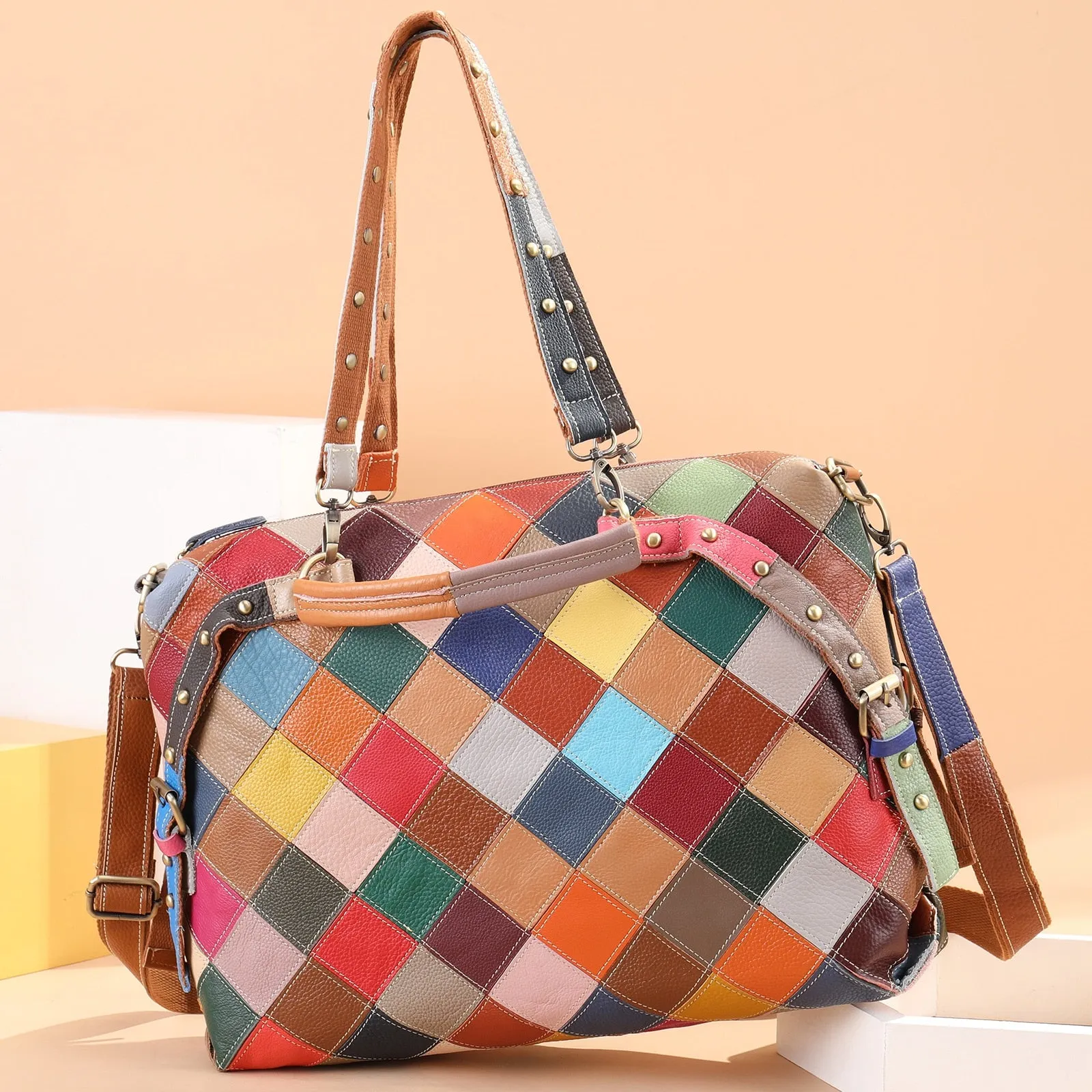 Women's Genuine Leather Geometric Pattern Shoulder Messenger Handbag