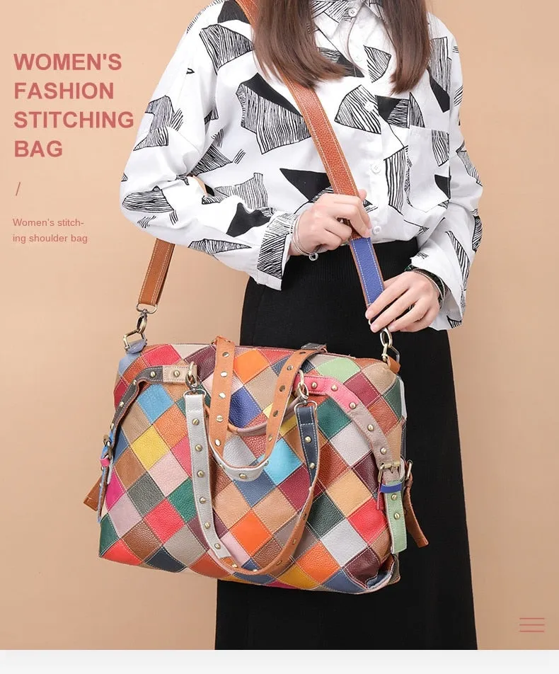 Women's Genuine Leather Geometric Pattern Shoulder Messenger Handbag