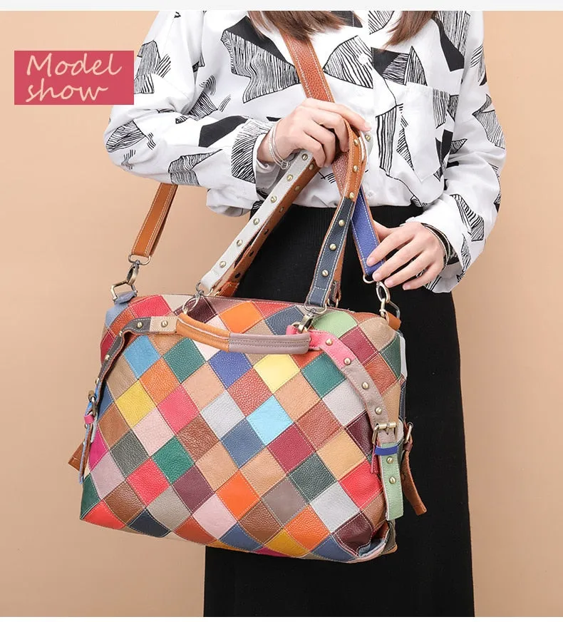 Women's Genuine Leather Geometric Pattern Shoulder Messenger Handbag